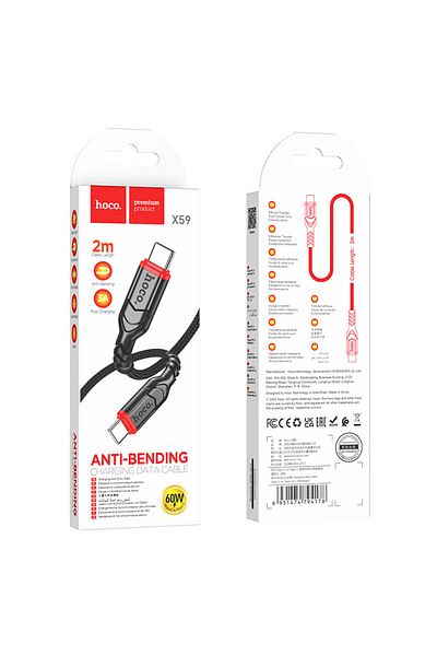 REDz Accessories Cablu Hoco X59, Type-C la Type-C, 2m, pentru iPhone 15/16 și Android, 60w, negru