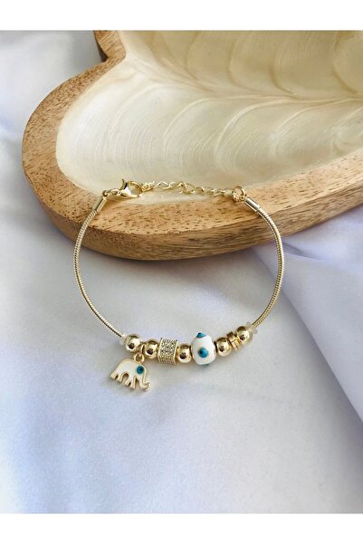 Mercan Aksesuar Gold Filli Nazar Boncuklu Taşlı Charm Bileklik