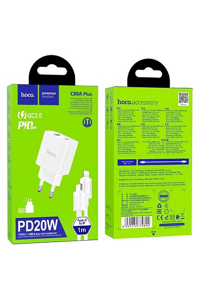 REDz Accessories Charger Set, Lighting Cable Hoco C80a Plus Adapter, Type-c And Usb Port, Fast Charging 20w, White