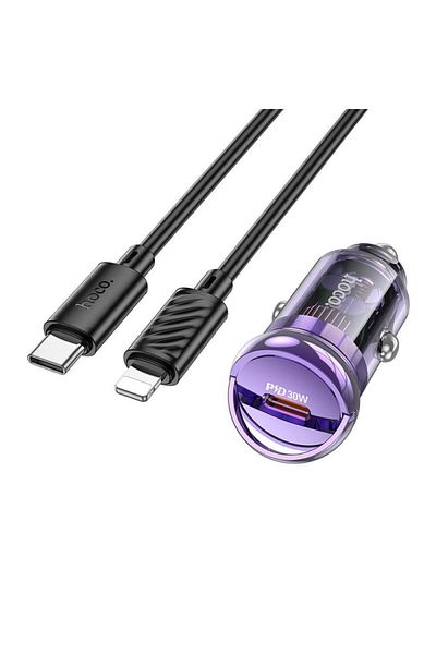 REDz Accessories Hoco Z53 Car Adapter and Lightning Cable Set, iPhone Compatible, PD30W Fast Charging, Purple