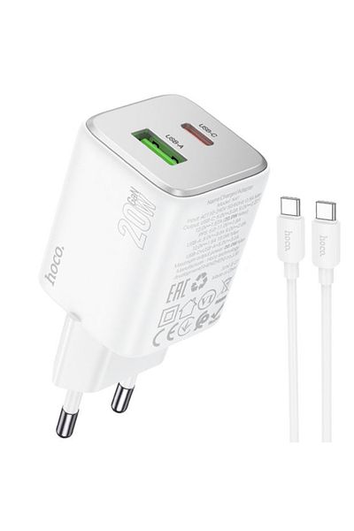 REDz Accessories Set încărcător Hoco N41, cablu adaptor tip C cu 2 porturi, 20w, pentru iPhone 15/16 și Android, alb