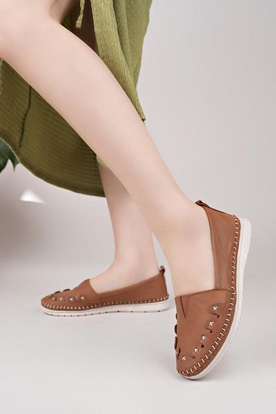 Nesil Shoes Knc 022 Tan Genuine Soft Leather Women's Shoes