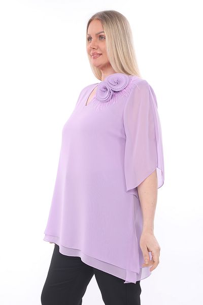 KİFAYET Short Sleeve Chiffon Evening Dress with Feather Flower Brooch