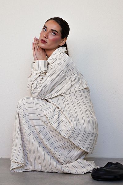 Madmext Ecru Striped Linen Skirt Shirt Set Mg2447