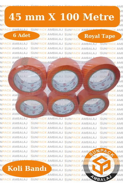 sunpack ambalaj Royal Tape Turuncu Koli Bandı 45mm x 100m (6 Adet) - Güçlü Yapışkanlı Koli Bandı