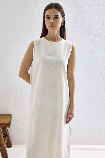 Hooopstore White Linen Lined Cotton Dress