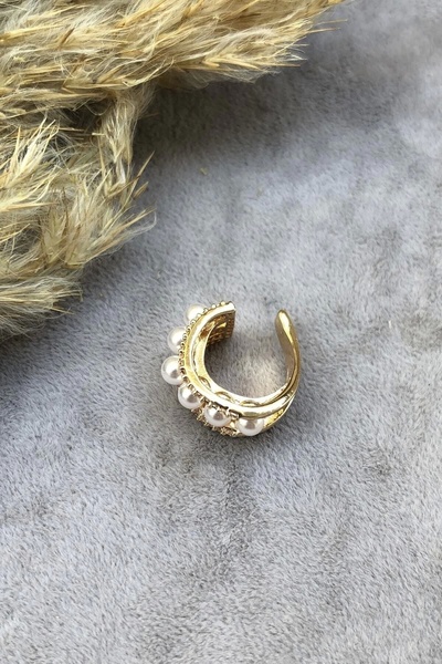 İnci Accessories Kadın Earcuf Sıkıştırma Çelik Zirkon Beyaz Taşlı Incili Küpe