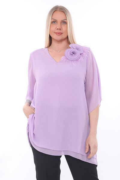 KİFAYET Short Sleeve Chiffon Evening Dress with Feather Flower Brooch