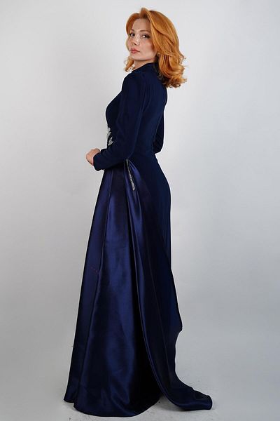 SpringStore Navy Blue Stone Detailed Hijab Evening Dress