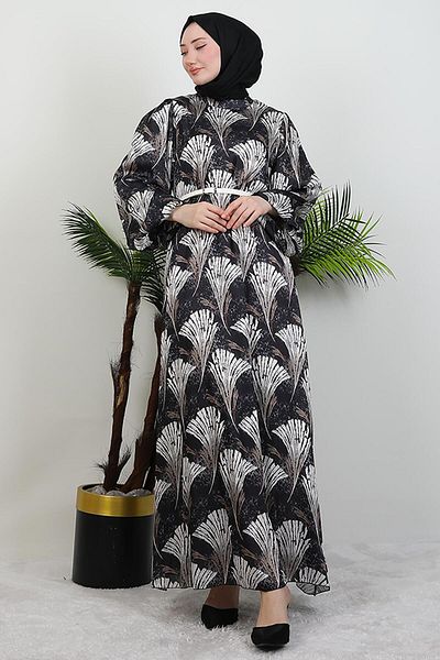 GİYZAMİLA Patterned Belted Dress Black