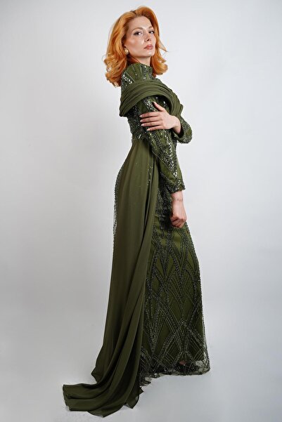 SpringStore Khaki Sequined Hijab Evening Dress