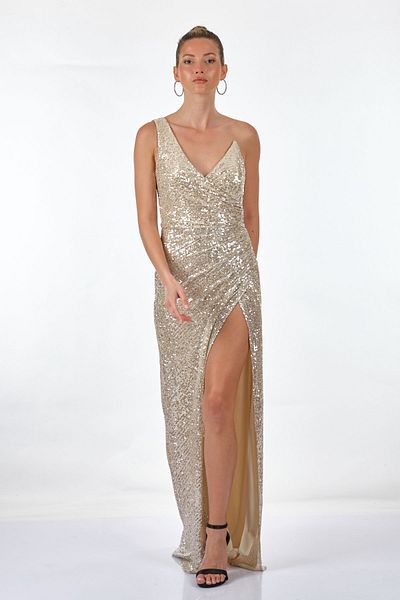 DORİ Doridorca One Shoulder Sweetheart Γιακά με παγιέτες ύφασμα με βαθύ σχιστό μάξι μήκος γυναικείο βραδινό φόρεμα 231kb5061
