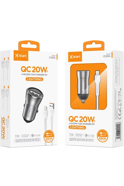 REDz Accessories X-start Cc086l Car Charger Set With 1m Lightning Cable, 20w Fast Charging, Gray