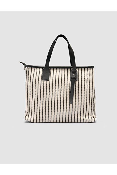Cabani Striped Linen Beige - Black Women's Bag