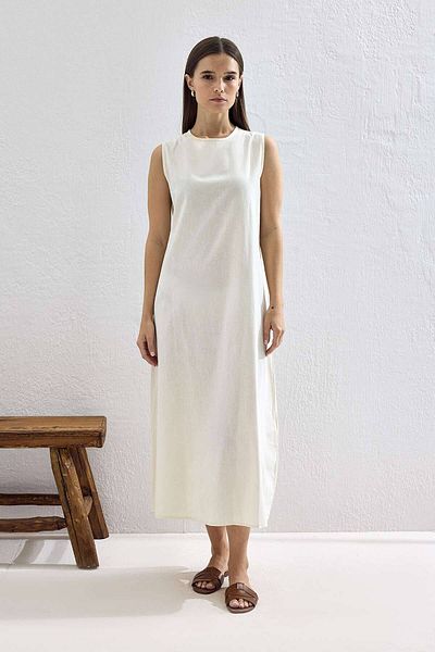 Hooopstore White Linen Lined Cotton Dress