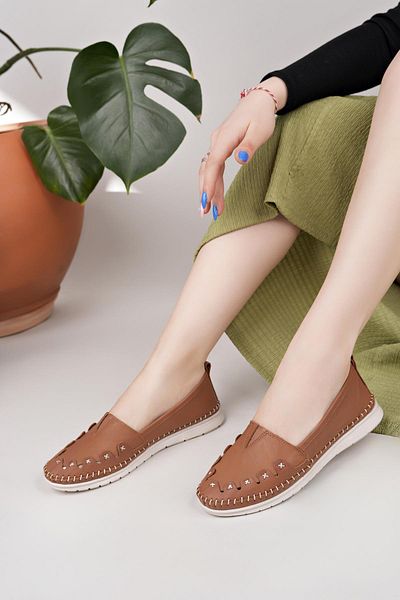 Nesil Shoes Knc 022 Tan Genuine Soft Leather Women's Shoes