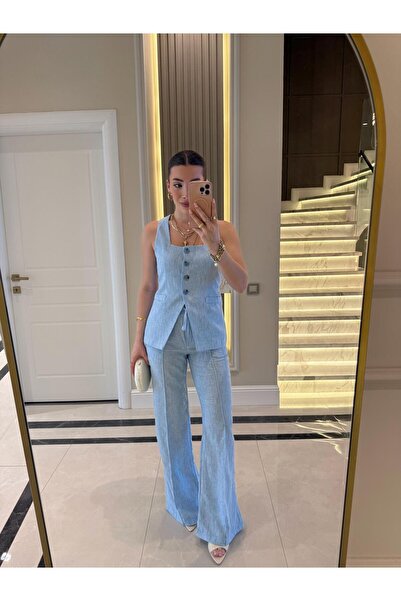 CKBUTİK Mavi Kare Yaka Yelek Pantolon Keten Takım