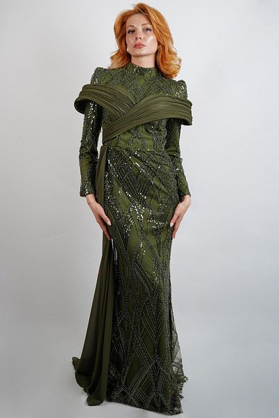 SpringStore Khaki Sequined Hijab Evening Dress
