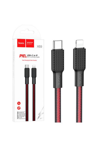 REDz Accessories Cablu Hoco X69, Tip-C la Lightning, 1m, Compatibil cu iPhone, Putere 20W, Transfer de date, Negru-Roșu
