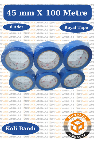 sunpack ambalaj Royal Tape Mavi Koli Bandı 45mm x 100m (6 Adet) - Güçlü Yapış...