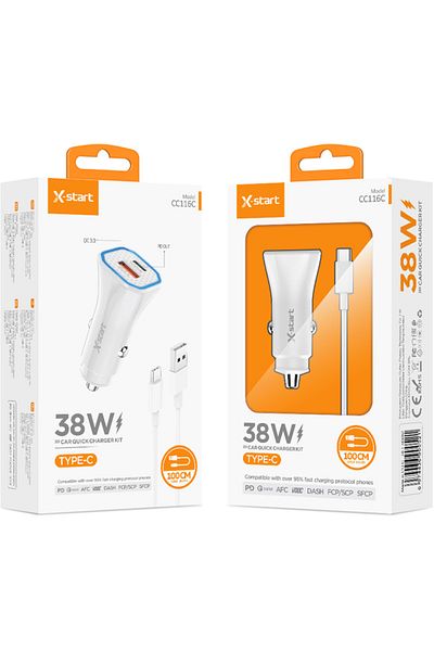 REDz Accessories X-start Cc116c Car Charger Set With 1m Type-c Cable, 38w Fast Charging, White