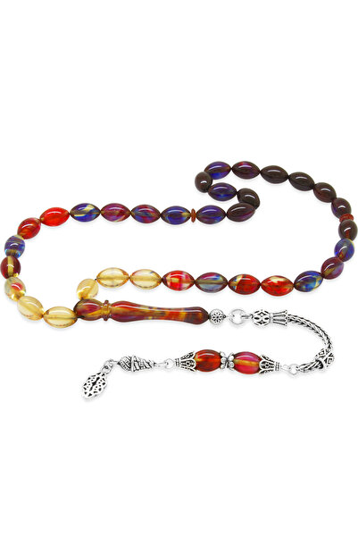 Tesbihane Чоловічий бежевий 925 проба срібло з одним бахромою, різаний ячмінь, фільтрований бонібон, вогняний бурштин, чотки