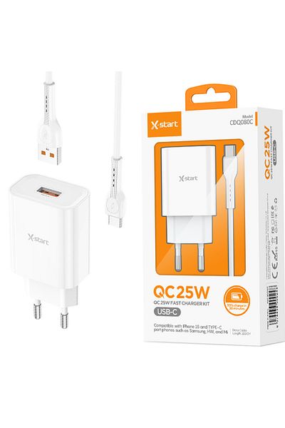 REDz Accessories X-Start CDQ080C Adapter Set and Type-C Cable, for iPhone 15/16 and Android, Fast Charging 25W, White