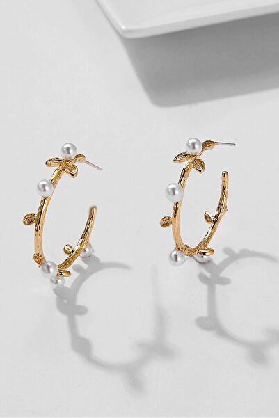 Dora Accessories Kadın Yaprak Ve Incili Halka Altın Küpe