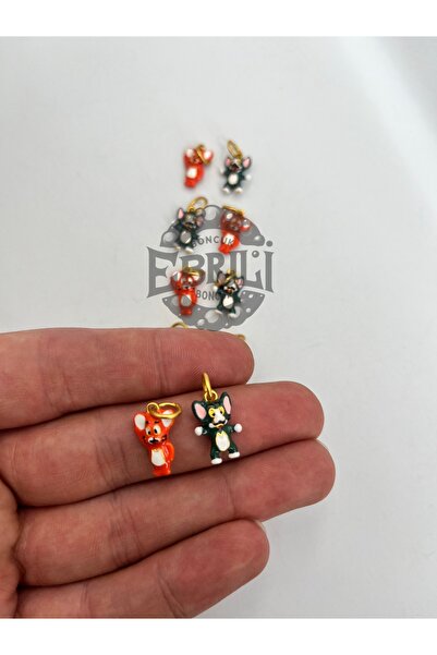 Ebruli Boncuk Ατσάλινο μενταγιόν με φιγούρα γάτας και ποντικιού (Σετ των 2)