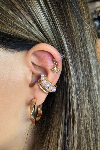 İnci Accessories Kadın Earcuf Sıkıştırma Çelik Zirkon Beyaz Taşlı Incili Küpe