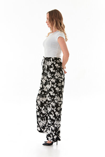 Fulla Moda Leaf Patterned Palazzo Trousers with Elastic Waist