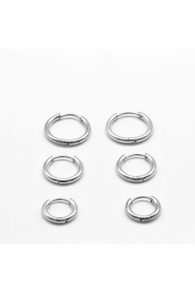 MAZEN 316l Steel Set Hoop Earrings Silver 6 Pieces (3 Different Sizes)