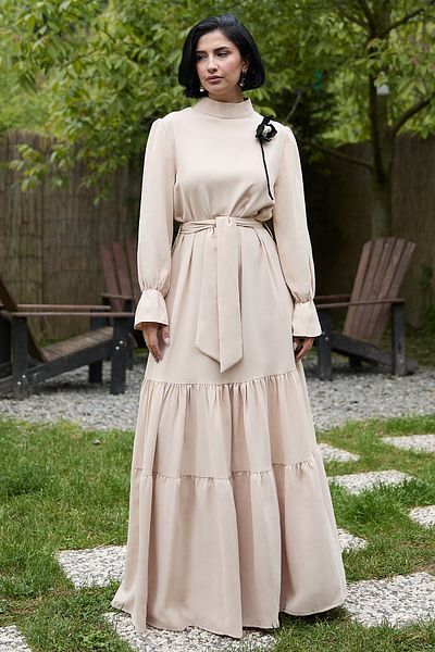 InStyle Beige Dress with Flower Brooch Detail Belted
