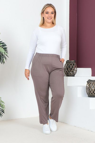 tarzımsüper Women's Large Size Comfort Model Elastic Waist Pocket Lycra and Comfortable Fit Wide Leg Pants