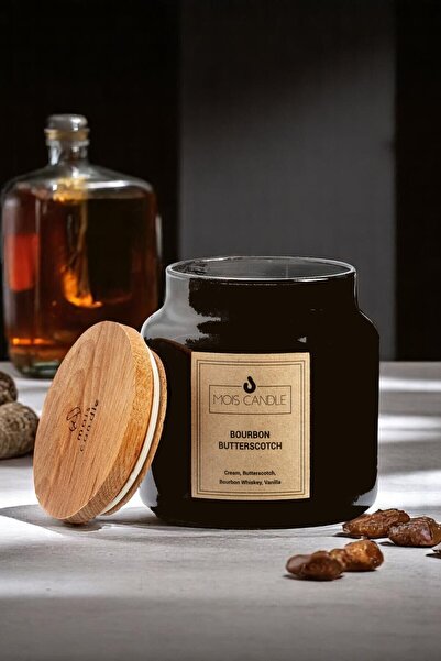 Mois Candle Bourbon Butterscotch Kokulu Mat Siyah Ahşap Kapaklı Kavanoz Mum -...