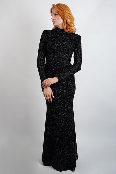 SpringStore Black Waist Draped Hijab Evening Dress