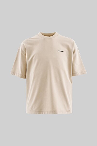 Machinist Men's Patch and Stitch Details Oversize Soft Beige T-Shirt