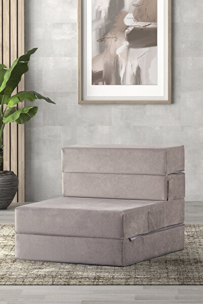 Homedius Valeria Kadife Katlanır Yatak Olabilen Tek Kişilik Koltuk-Açık Gri