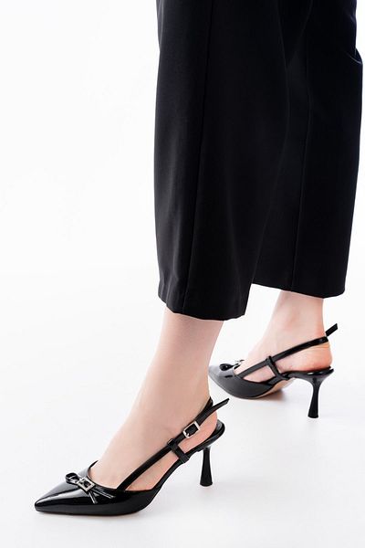Moda Asmira Inf-2300 Black Patent Leather Daily Open Back Bow Heeled Shoes