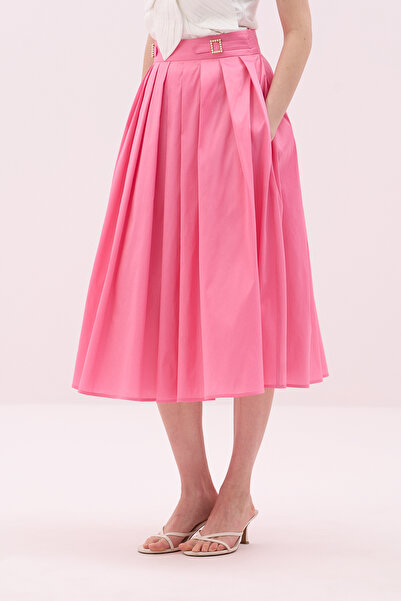 Roman Toka Detaylı Pileli Tafta Midi Boy Etek Pembe Y2515046_038
