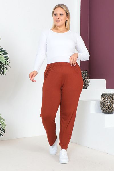 tarzımsüper Women's Large Size Comfort Model Elastic Waist Pocket Lycra and Comfortable Fit Wide Leg Pants
