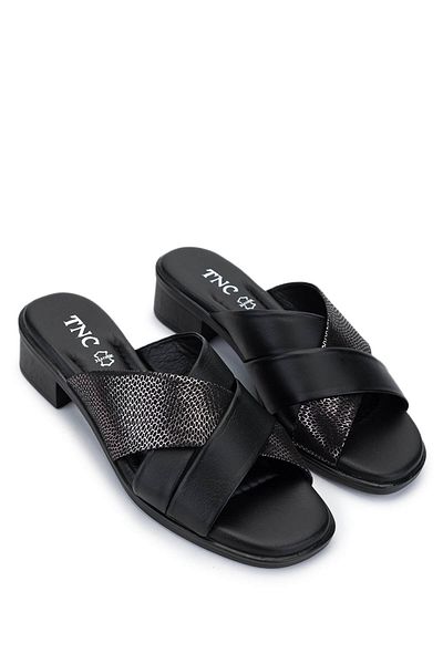 Tamer Tanca Women's Genuine Leather Black Heeled Slippers