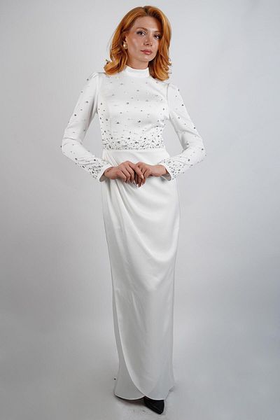 SpringStore Ecru Beaded Hijab Evening Dress