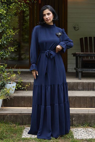 InStyle Navy Blue Dress with Flower Brooch Detail Belted