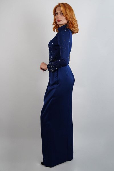 SpringStore Navy Blue Beaded Hijab Evening Dress