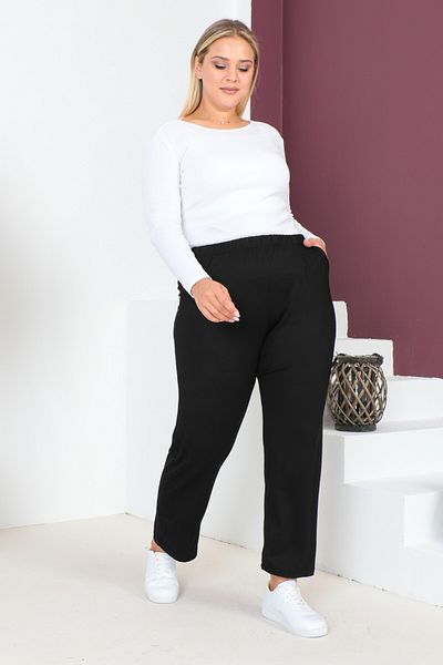 tarzımsüper Women's Large Size Comfort Model Elastic Waist Pocket Lycra and Comfortable Fit Wide Leg Pants
