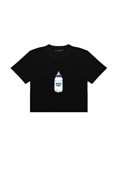 Sekizbiraltı Absolut Vodka Baskılı Siyah Crop Top