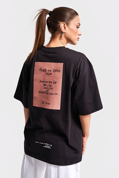 its basic Women's Black Color S5-1 Oversize Printed Loose Cut 100% Cotton T-Shirt