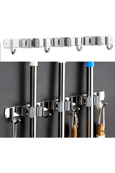 COOYA Mop Broom Holder, Self-Adhesive 3 Racks 4 Hooks, No Drill for Home, Garage, Kitchen, Garden