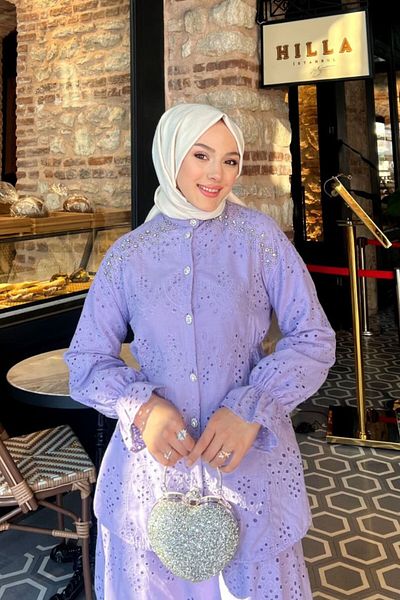 Denivy Embroidered White Hijab Double Set - Fit Cut Shirt and a Form Skirt Dnv- 000045